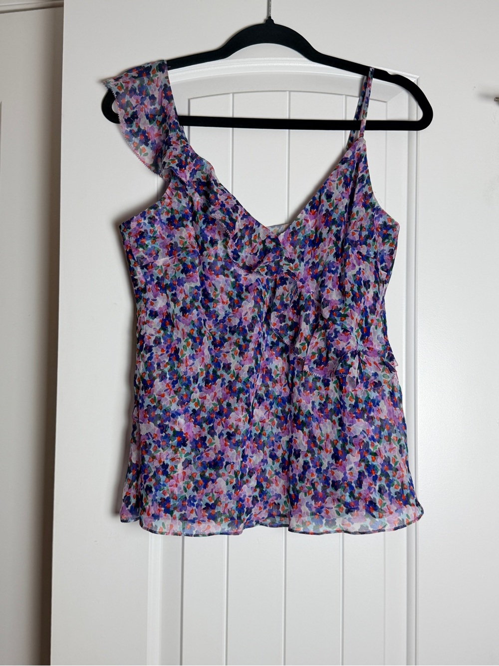 Veronica Beard Purple Multi-Color Floral One-Shoulder Ruffle Camisole